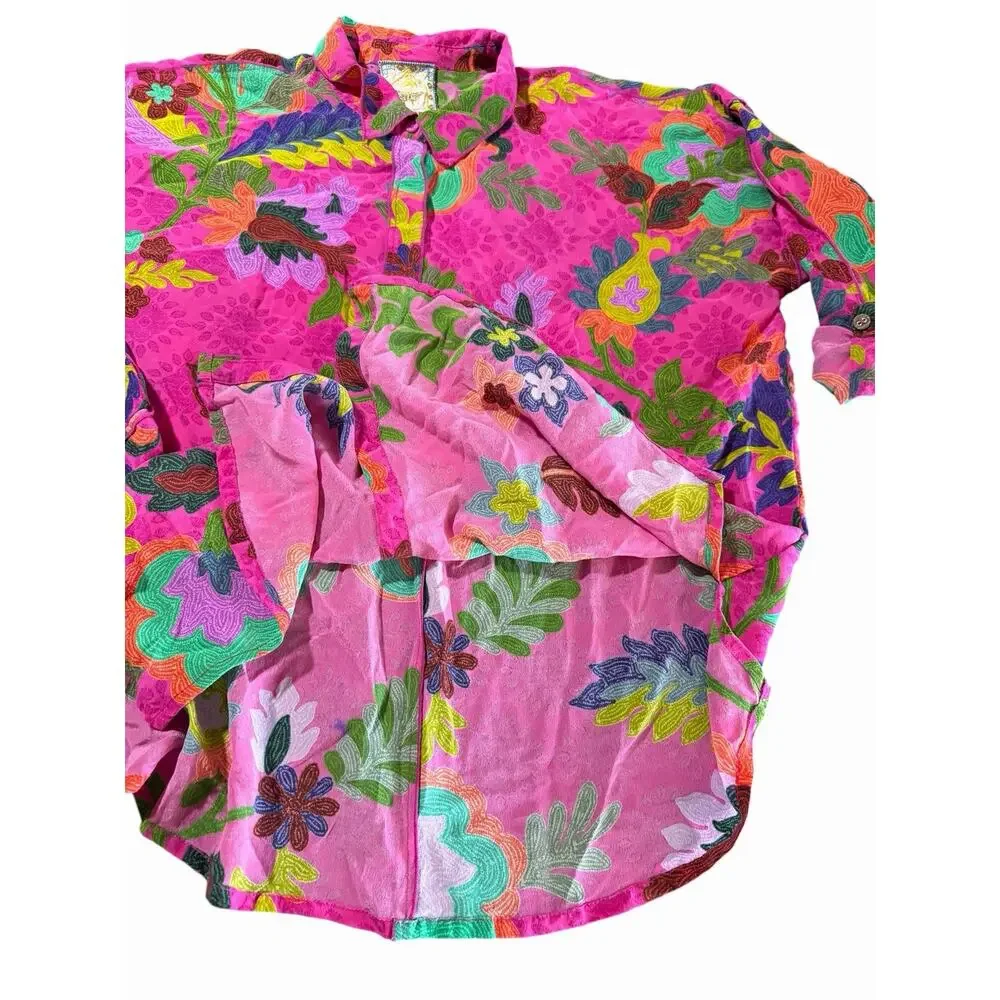 Johnny Was Martijn Shirt Verney Pink Vibrant Silk Button Upsize Medium